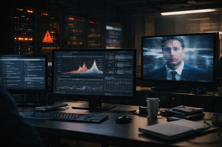 Dim data center and monitoring systems showing subtle signs of AI system stress and anomalies