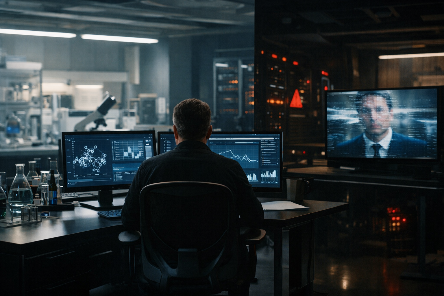 Moody lab and server-room scene with an operator at analytics monitors and a distorted face on a side display