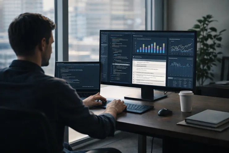 Professional at a modern desk using AI-assisted tools for analysis and software work